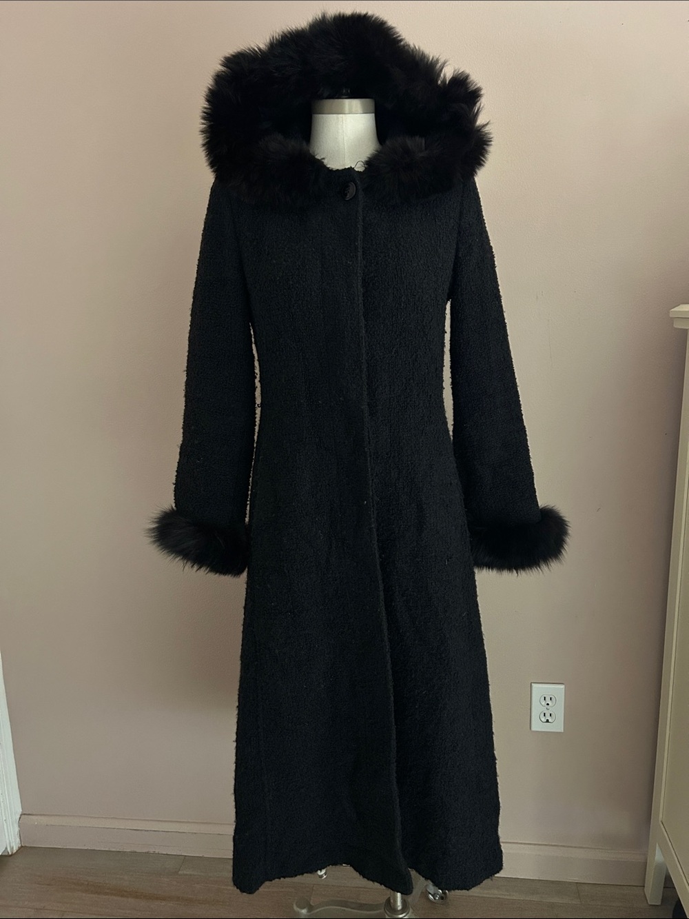 VTG Marvin Richards Long Black Tweed Texture Wool blend Fur-Trimmed Hooded Coat